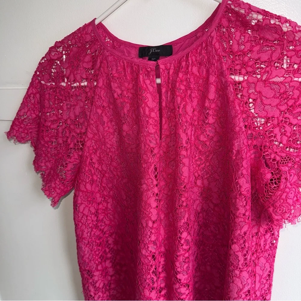 J Crew Short Sleeve Lace Top Lined Blouse Pink Small Petite Pink Flutter Sleeves